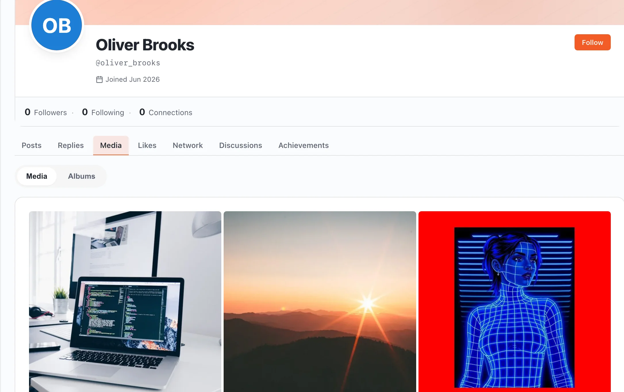 A real, publicly reachable member profile showing a portfolio of posts and media