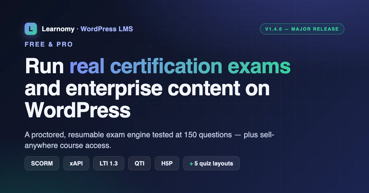 Learnomy 1.4.0 major release: run real certification exams on WordPress with SCORM, xAPI, LTI 1.3, QTI and H5P support