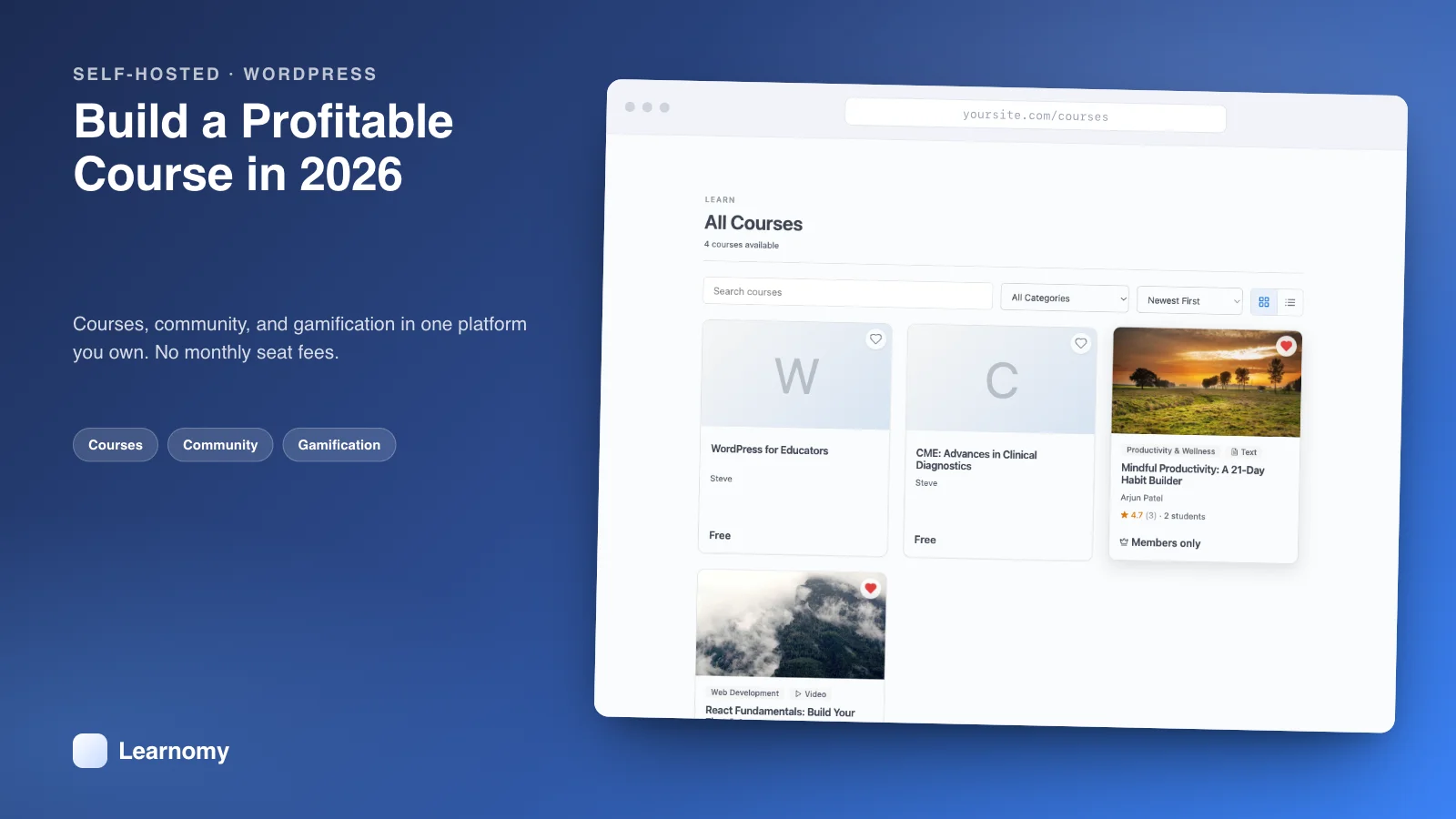 Learnomy course catalog shown in a browser window, with the headline Build a Profitable Course in 2026 and pills for Courses, Community, and Gamification