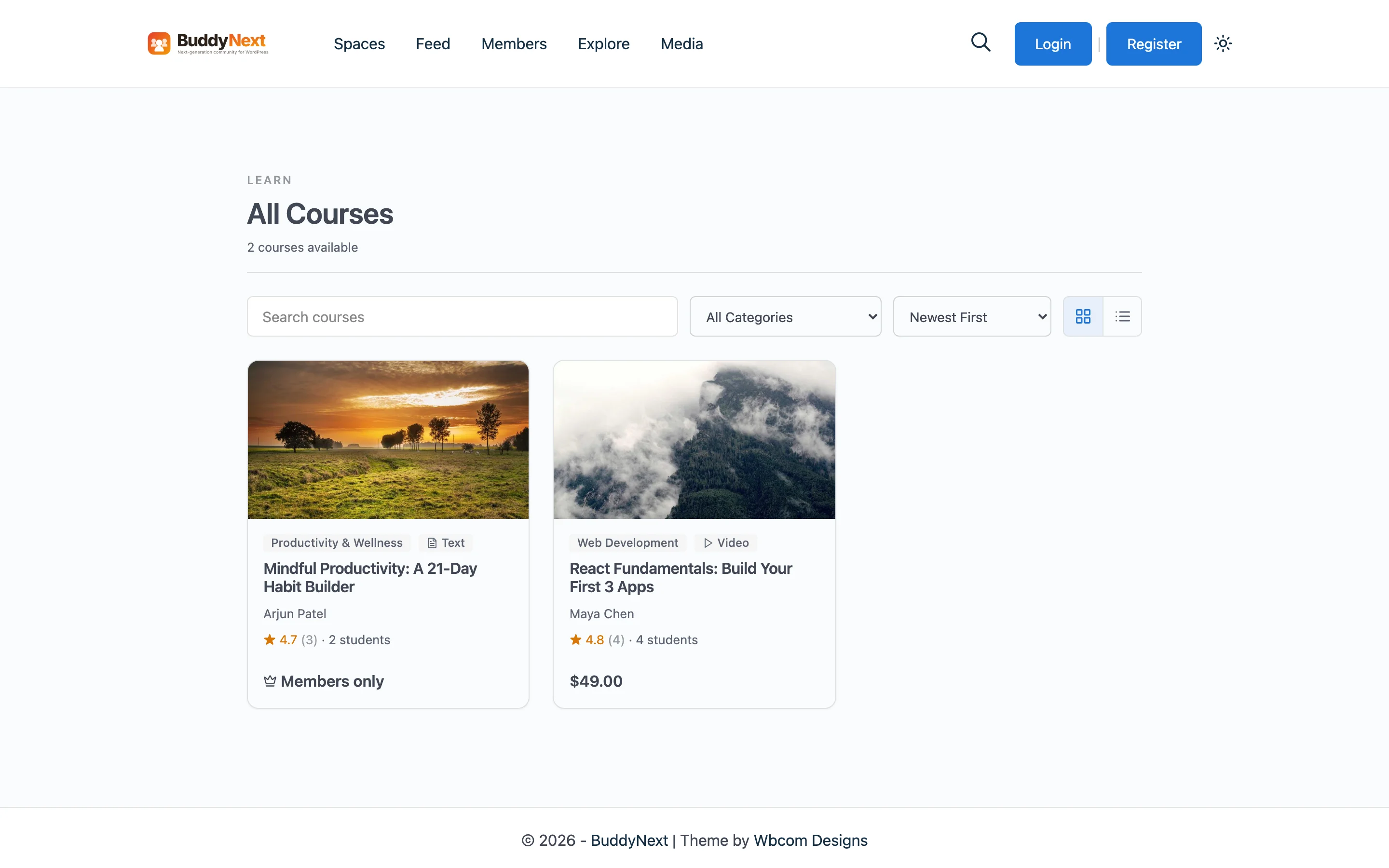 Learnomy course catalog showing course cards with pricing, ratings, and instructors
