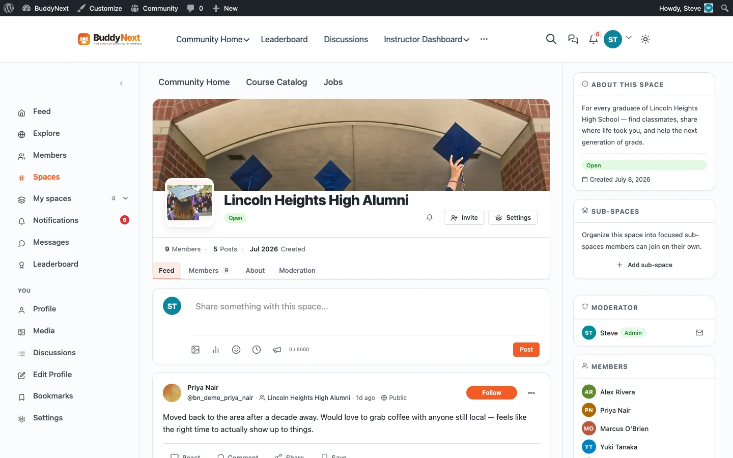 Lincoln Heights High Alumni BuddyNext Space showing cover photo and activity feed