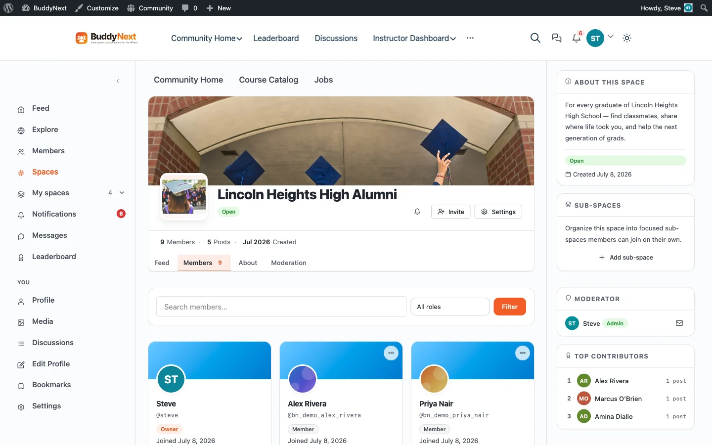 BuddyNext member directory showing alumni profile cards