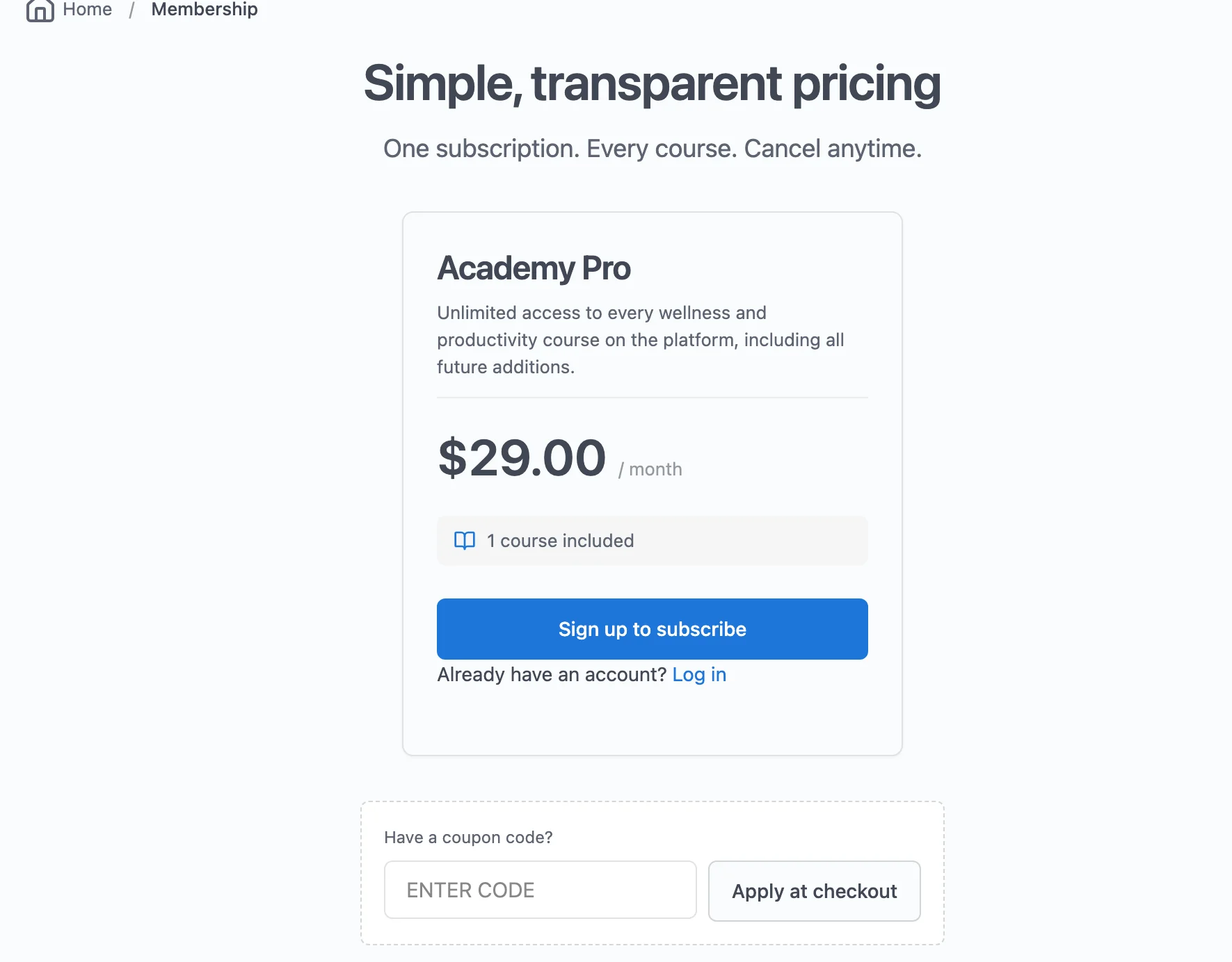 A real, simple BuddyNext membership pricing page with one clear plan, a coupon field, and a gift option