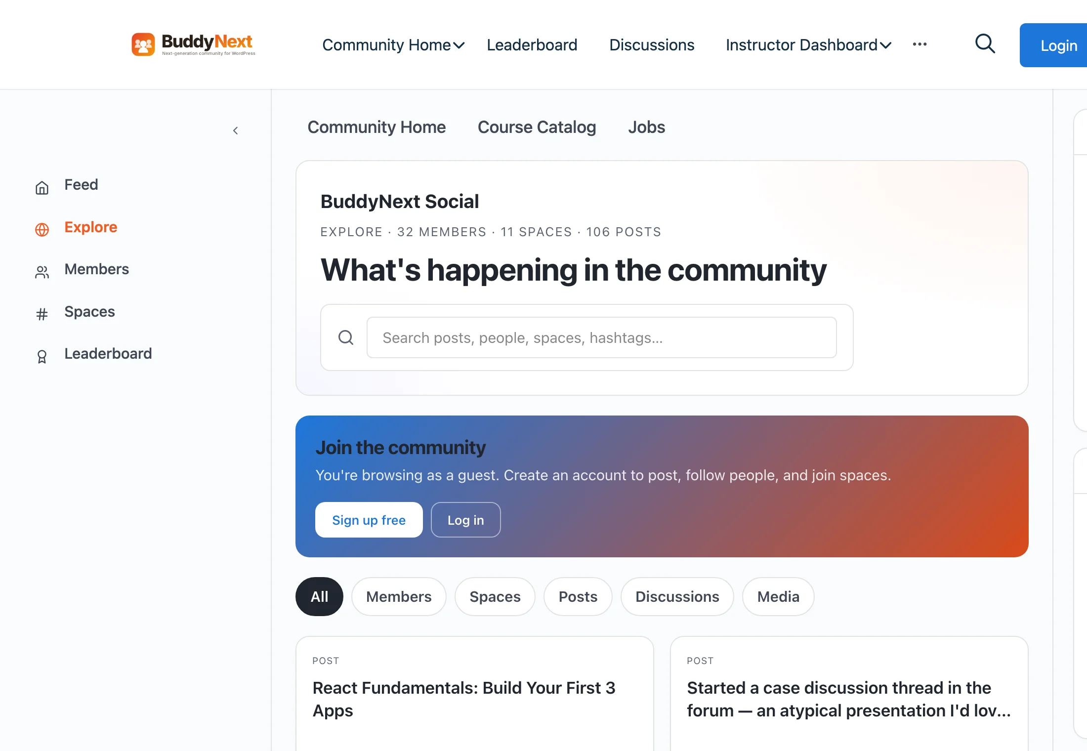 A real BuddyNext Explore page, publicly reachable and unauthenticated, showing live posts and search