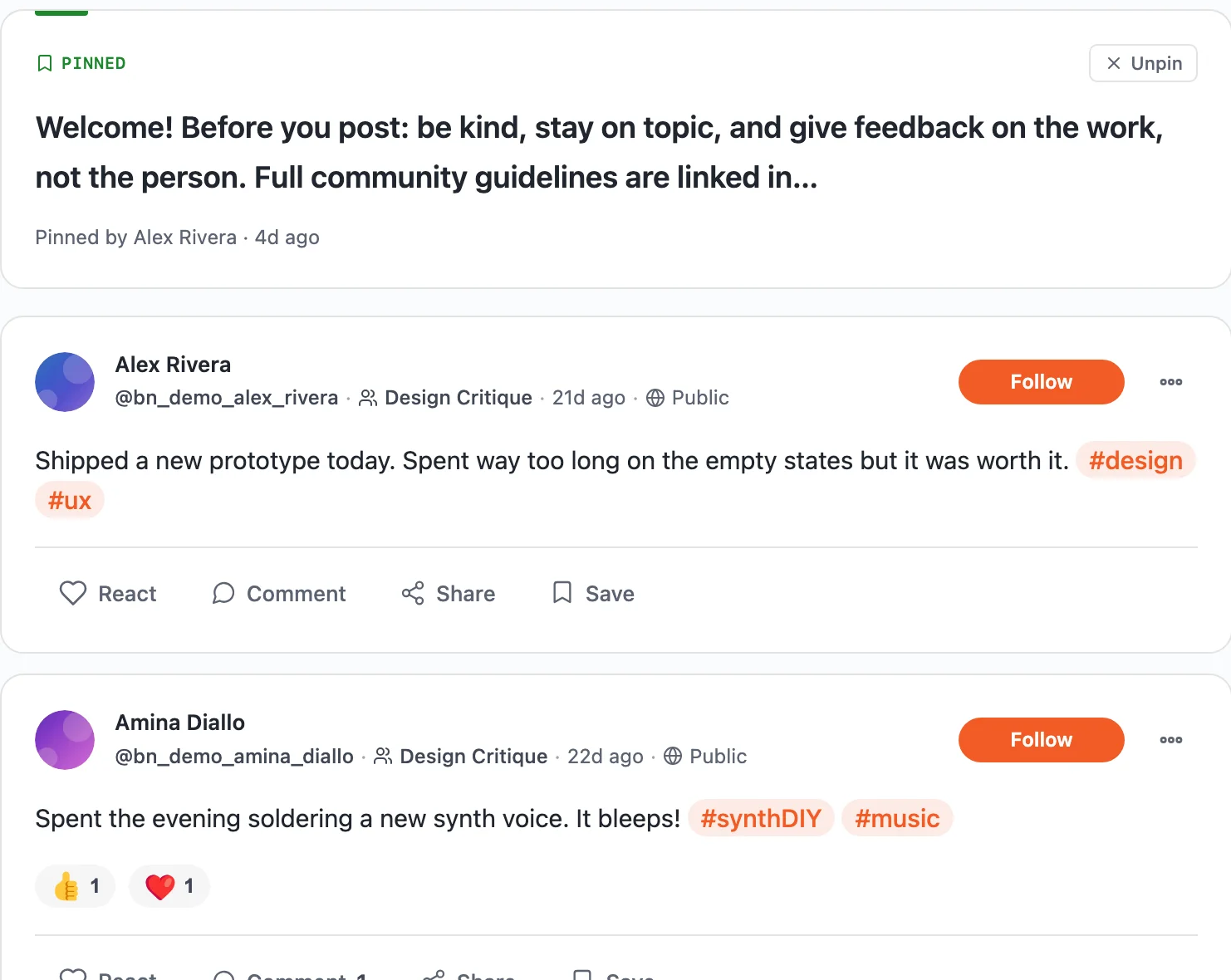 A real BuddyNext Space activity feed showing member posts