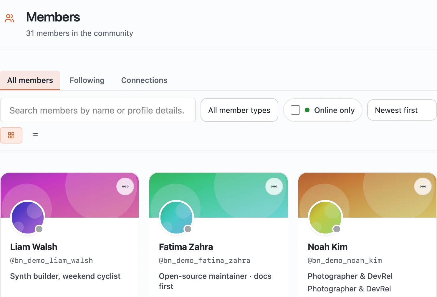 A real BuddyNext member directory showing members and activity