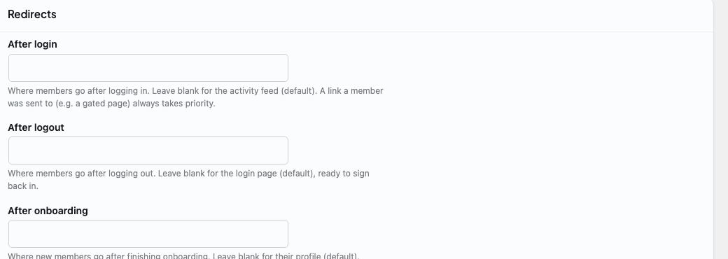 BuddyNext Redirects settings showing the After onboarding field, which controls where new members land once they finish onboarding