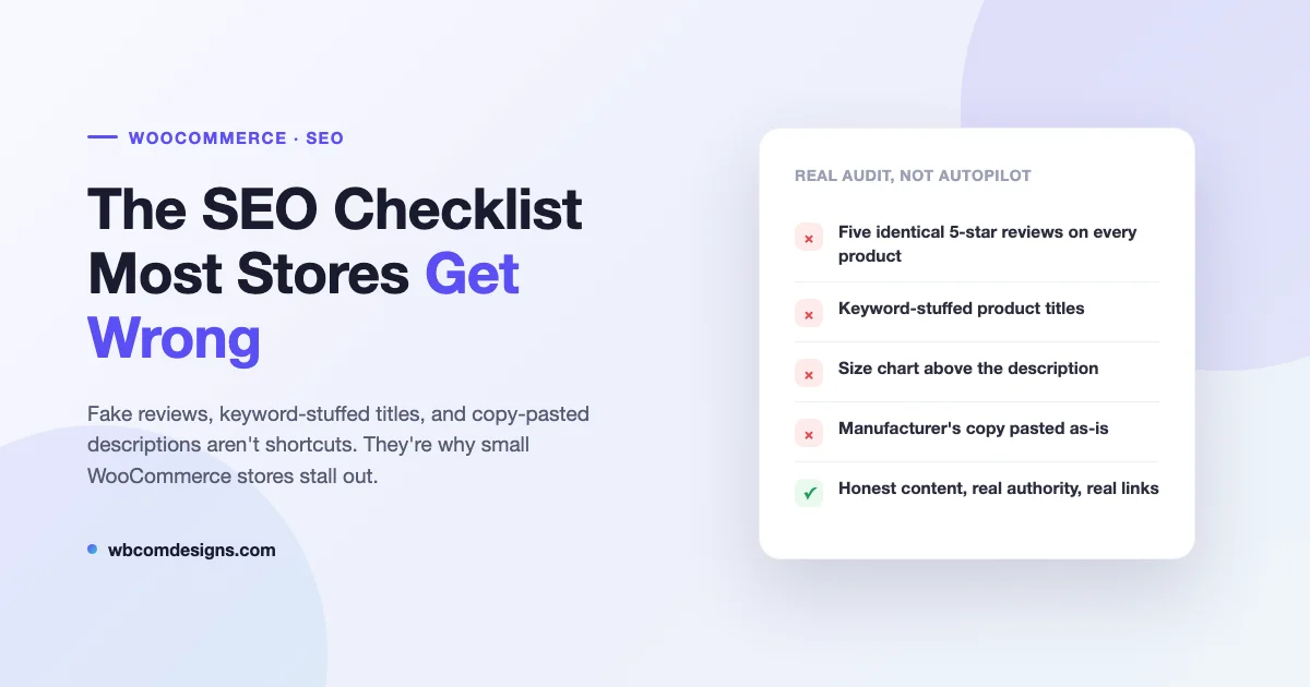 Checklist graphic listing WooCommerce SEO mistakes: fake reviews, keyword-stuffed titles, size chart above the description, and copy-pasted product descriptions