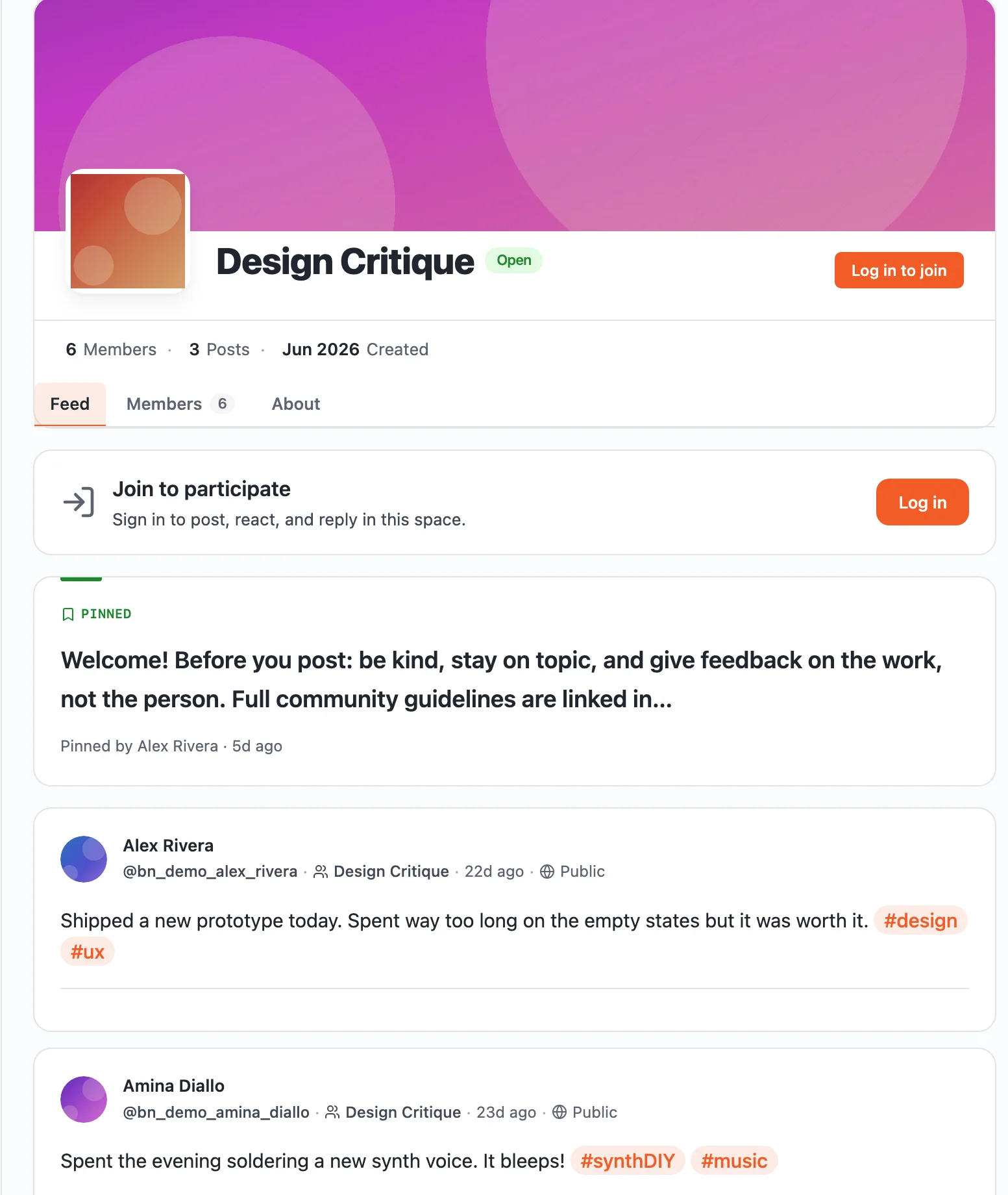 A real, public BuddyNext Space with pinned rules and genuine member posts