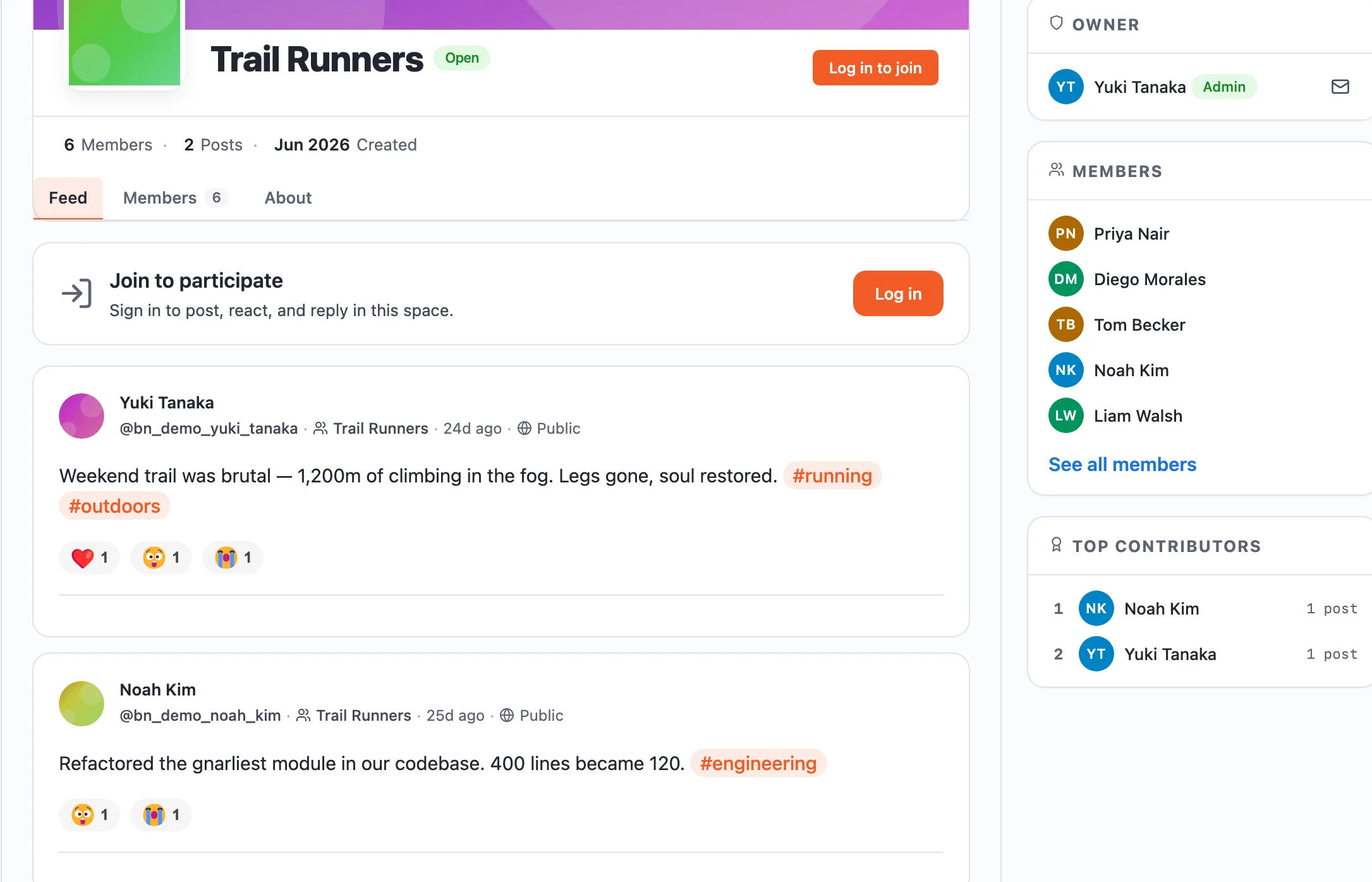 A real BuddyNext space with a small founding cohort of six real members and genuine early posts