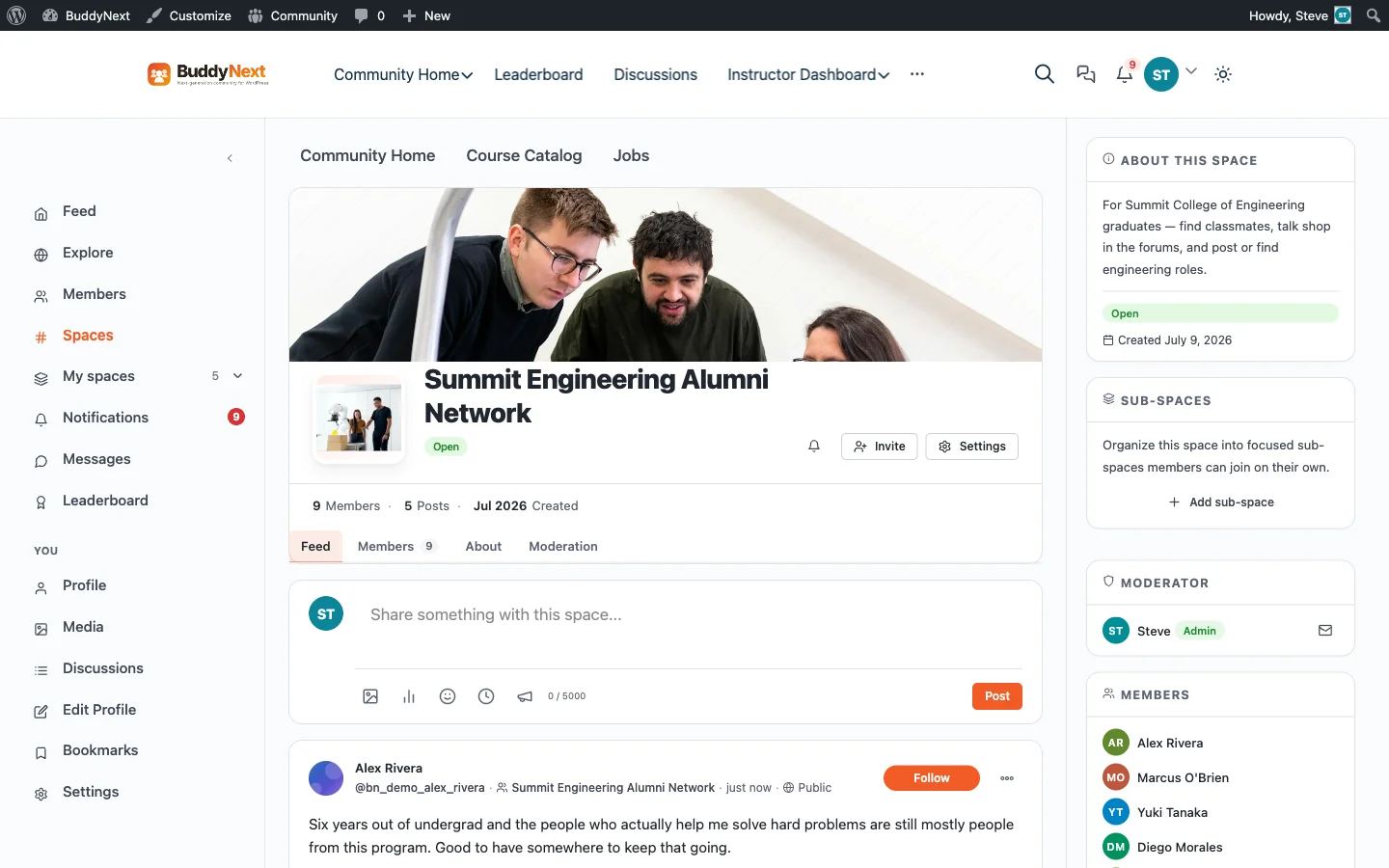 Summit Engineering Alumni Network BuddyNext Space showing cover photo and activity feed