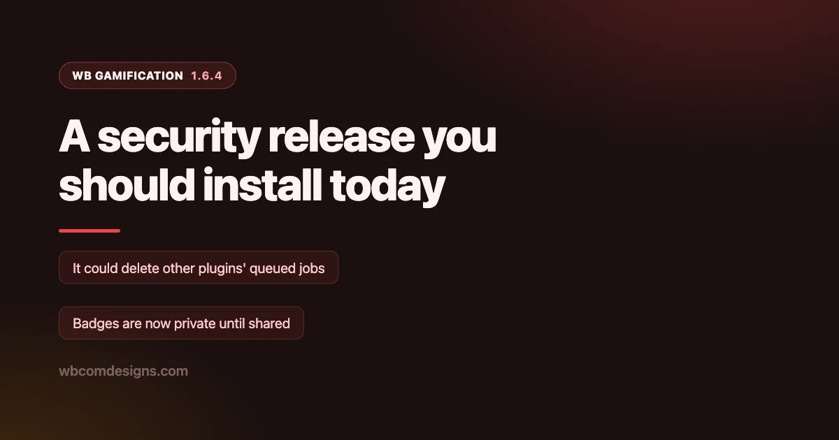 Dark red banner reading WB Gamification 1.6.4, a security release you should install today
