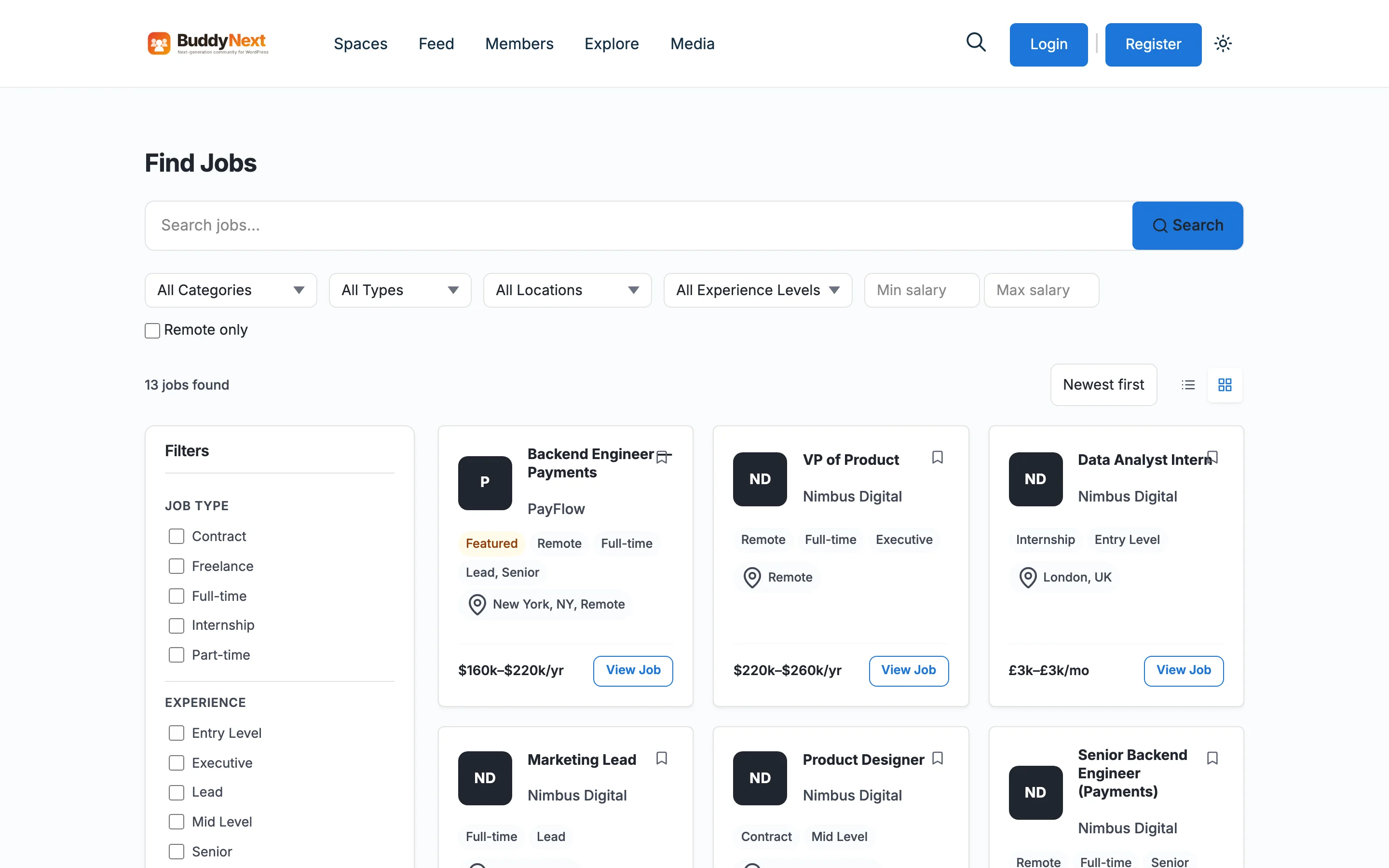 WP Career Board Find Jobs page showing a list of job postings with filters for type, location, and salary