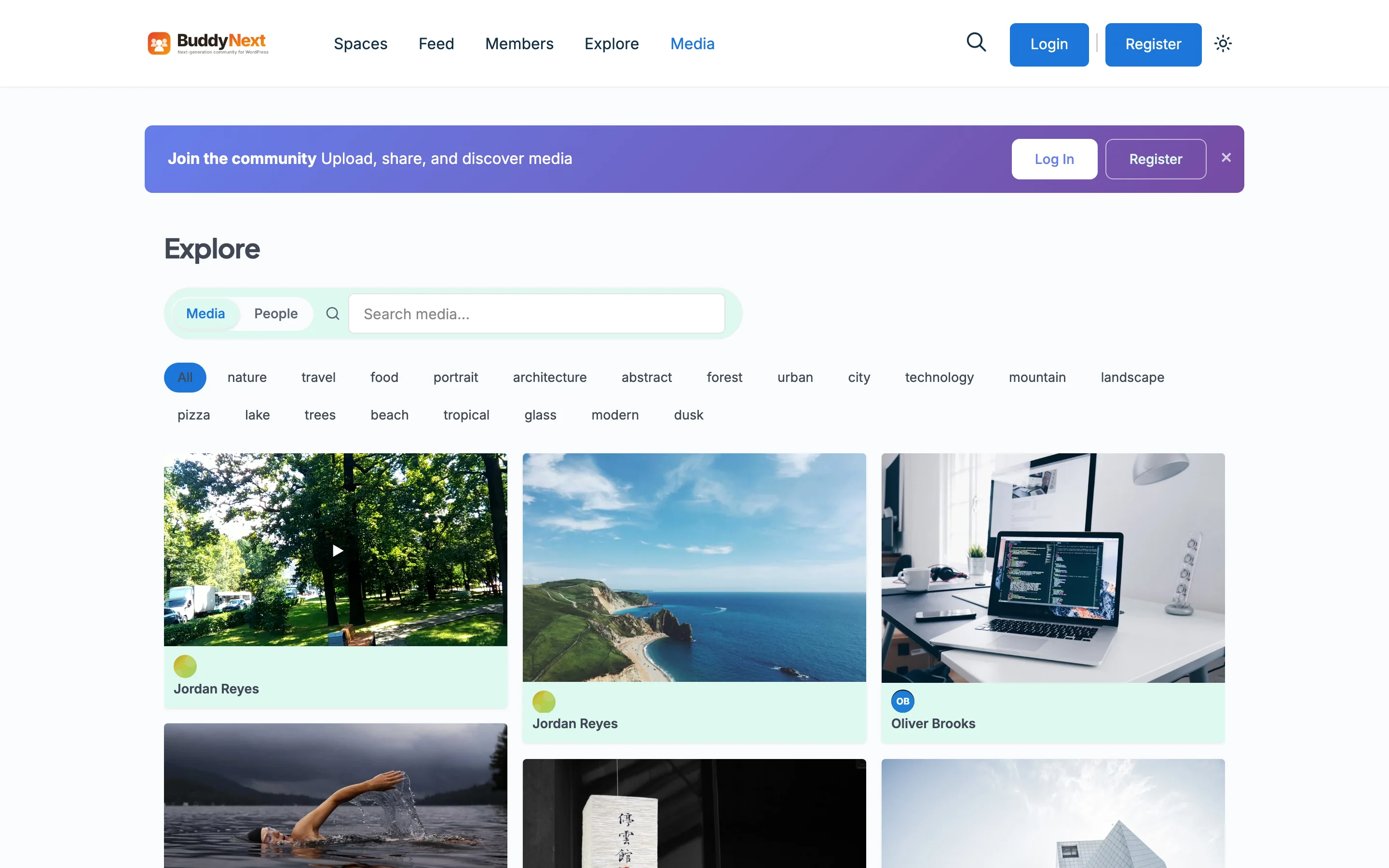 WPMediaVerse explore page showing a grid of photos and videos with tag filters