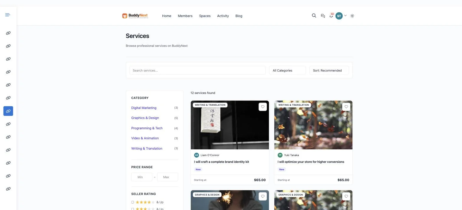 WP Sell Services frontend marketplace grid showing services with categories and price filters