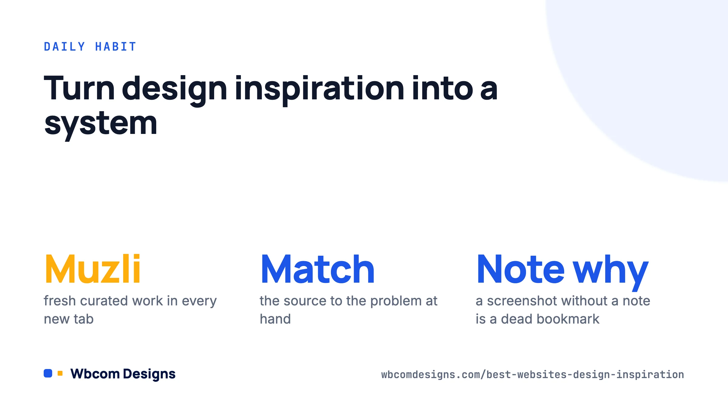 Card on turning design inspiration websites into a daily habit with Muzli and a noted reference board.