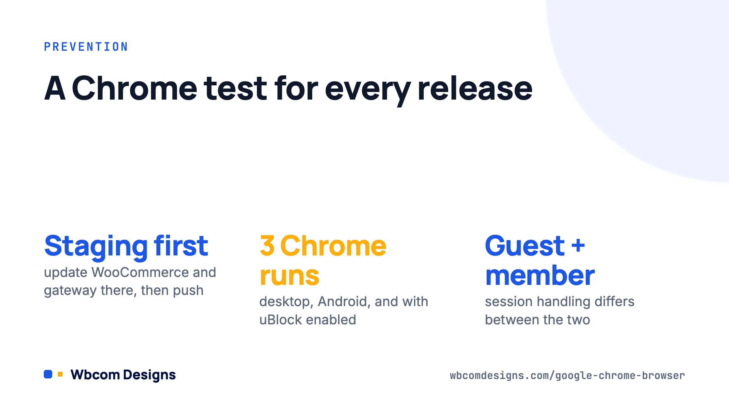 Prevention card for orders that fail in Google Chrome: staging updates, three Chrome test runs, guest and member checkouts
