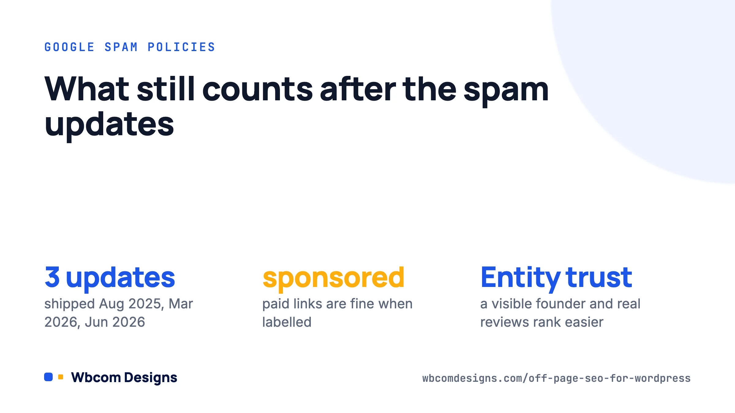 Card on off-page SEO after Google's 2025 and 2026 spam updates: labelled paid links and entity trust.