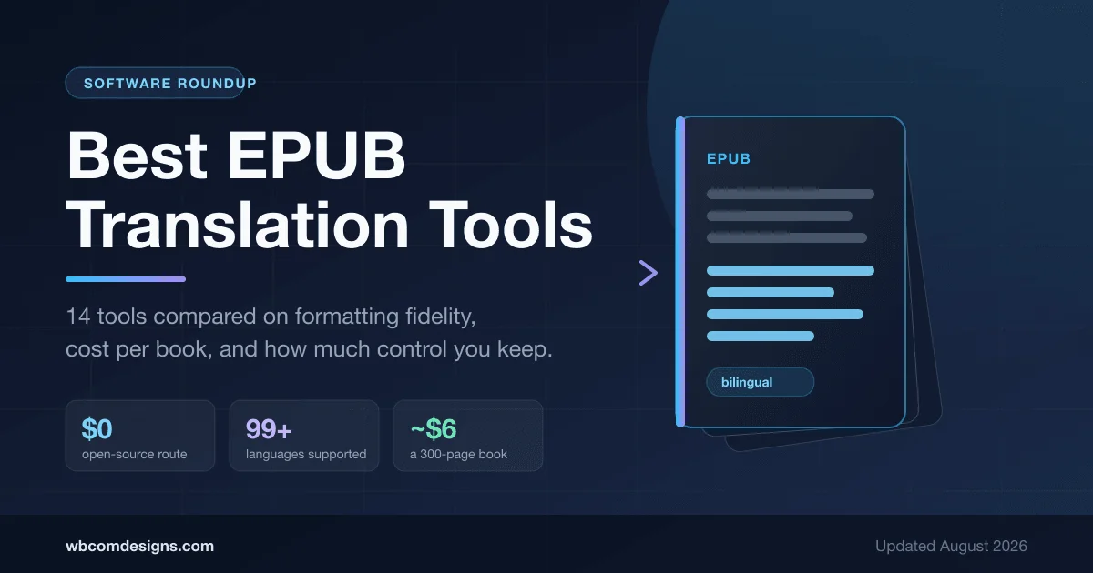 Best EPUB translation tools compared, showing an EPUB file being translated into bilingual output with cost and language statistics