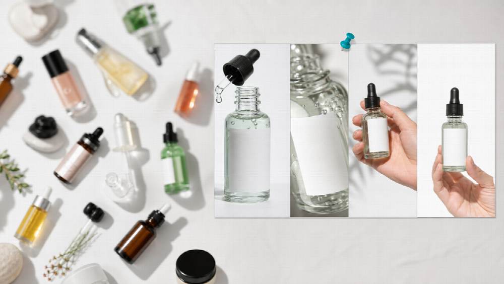 Flat lay of skincare serum bottles used as product ad references for a Seedance 2.5 AI-generated video ad