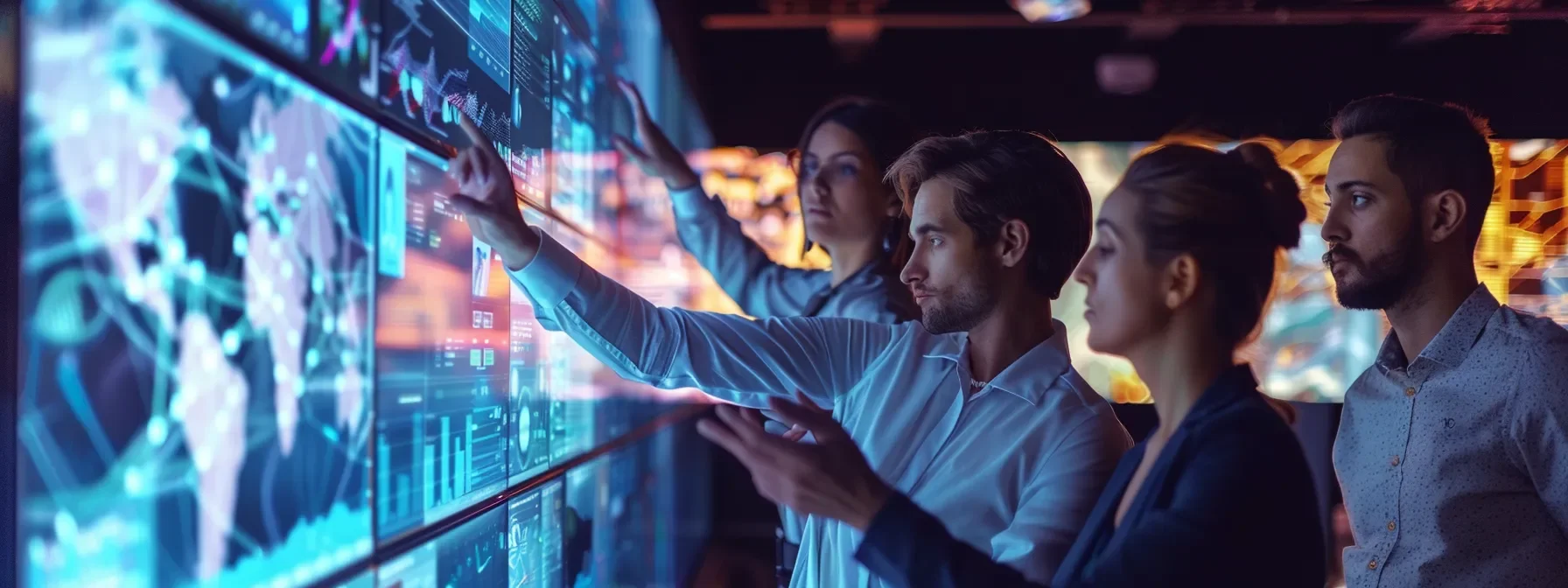 Team analyzing a digital marketing data dashboard on a large screen
