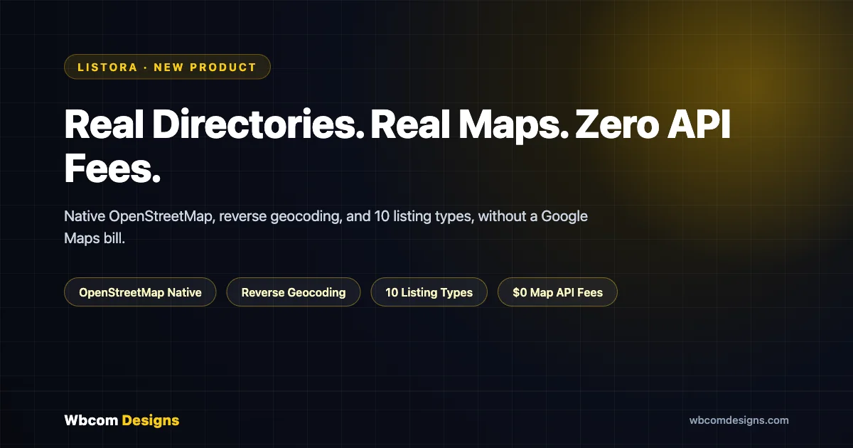 Listora, an OpenStreetMap WordPress directory plugin banner: Real Directories, Real Maps, Zero API Fees