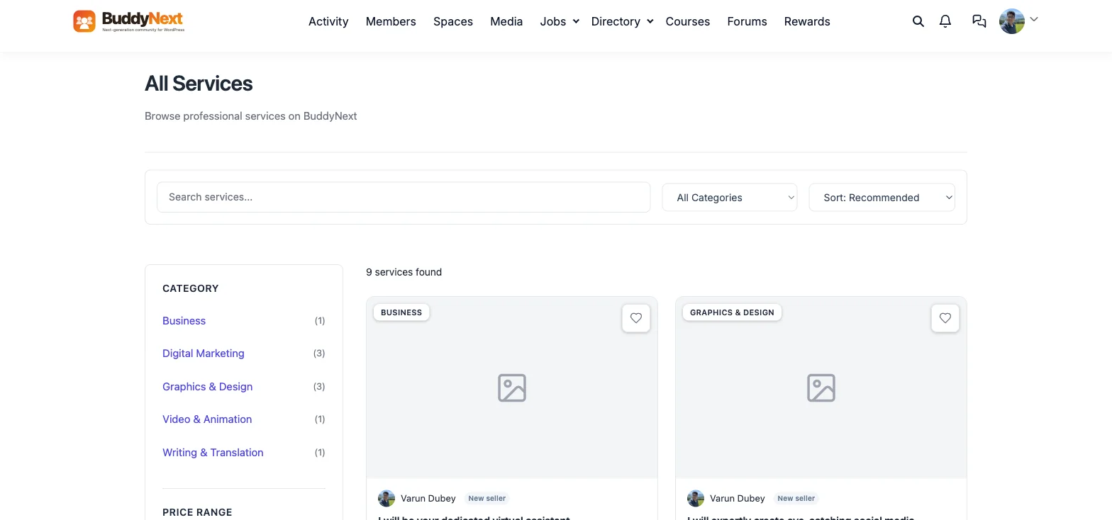 Service marketplace grid with category filters and price range, built with WP Sell Services on WordPress