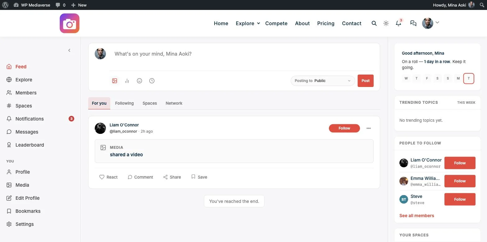 The real BuddyPress activity composer with WPMediaVerse media attach icon active, next to a Posting to Public privacy dropdown