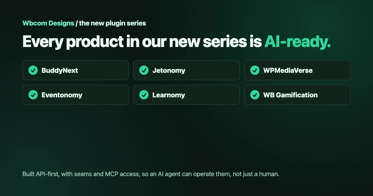 Wbcom Designs card: every product in the new series is AI-ready, with BuddyNext, Jetonomy, WPMediaVerse, Eventonomy, Learnomy and WB Gamification each checked