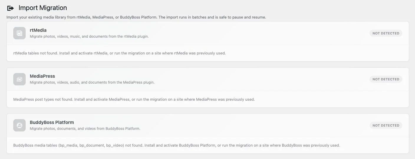 The WPMediaVerse Import Migration screen used to migrate from rtMedia, MediaPress, or BuddyBoss Platform to WordPress