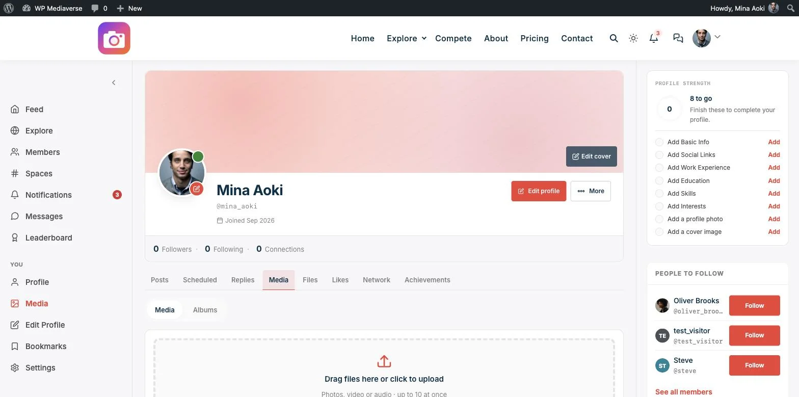 The real WPMediaVerse Media tab on a BuddyPress member profile, with Media and Albums sub-tabs and a drag-and-drop upload area