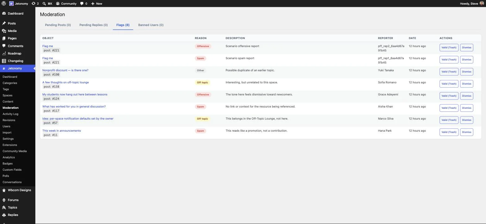 Jetonomy admin moderation queue showing eight pending flags with reason and reporter