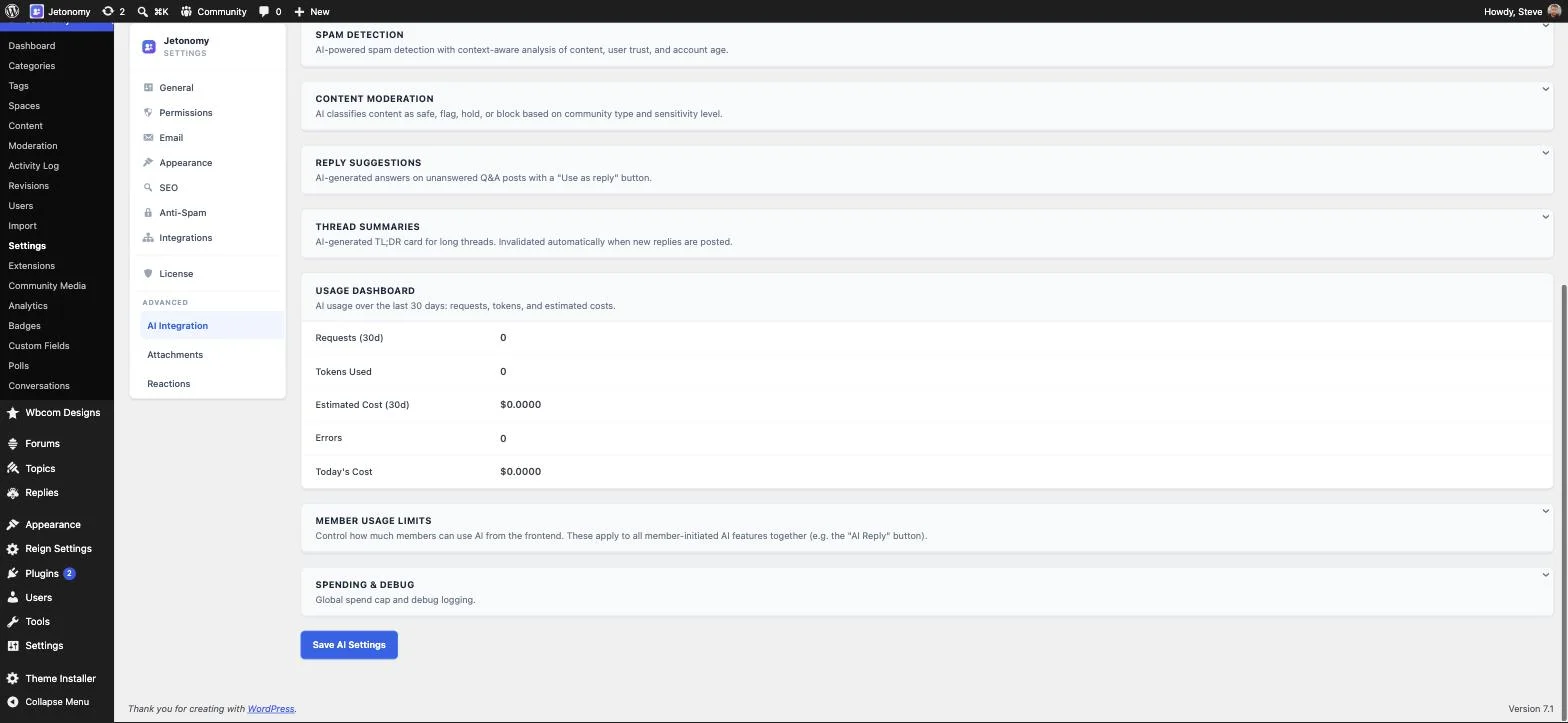 Jetonomy AI capabilities: spam detection, content moderation, reply suggestions, thread summaries and a live usage-cost dashboard