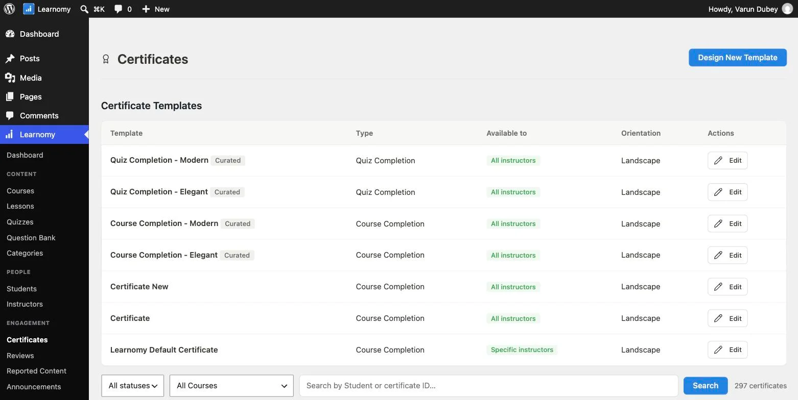 Learnomy Certificate Templates list with Design New Template button
