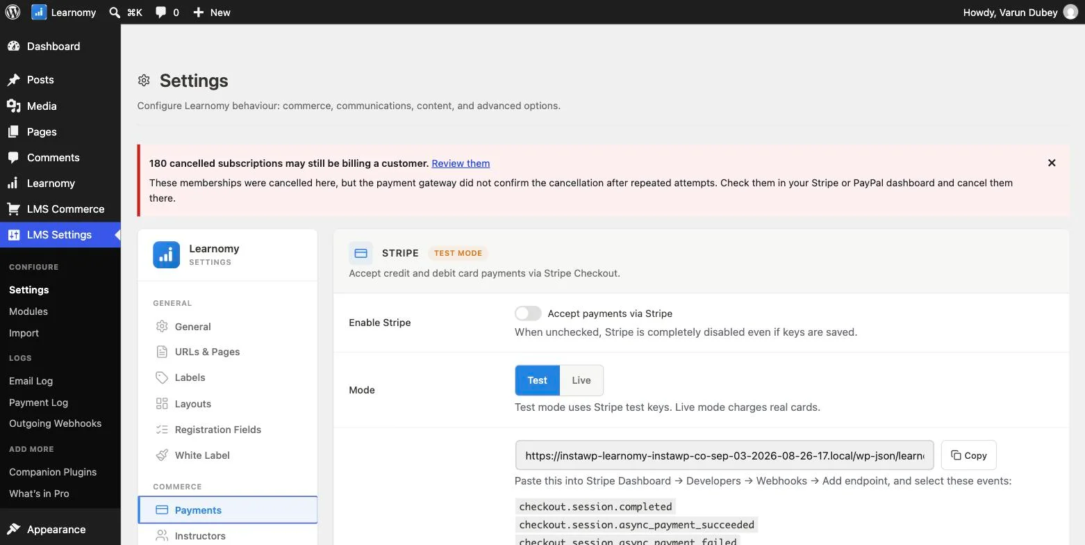 Learnomy Stripe payment settings showing native checkout configuration with no separate store plugin required