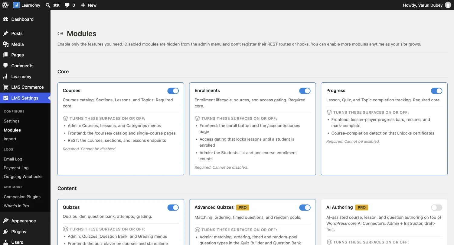 Learnomy Modules settings page showing Courses module REST endpoints and the AI Authoring Pro module toggle