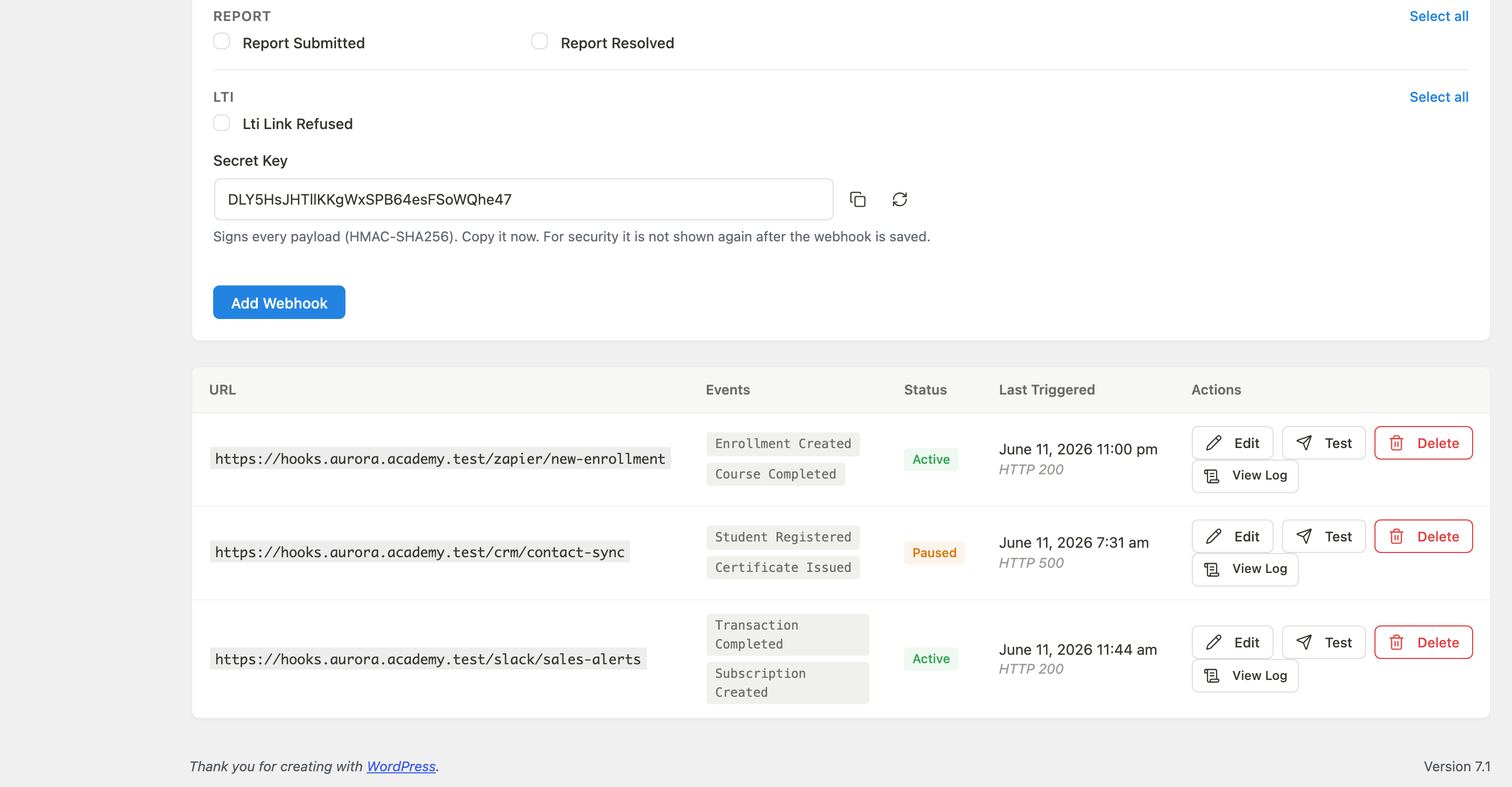 Learnomy registered webhooks table showing three real endpoints: a Zapier new-enrollment webhook Active with HTTP 200, a CRM contact-sync webhook Paused with HTTP 500, and a Slack sales-alerts webhook Active with HTTP 200, each with Edit, Test, Delete, and View Log actions