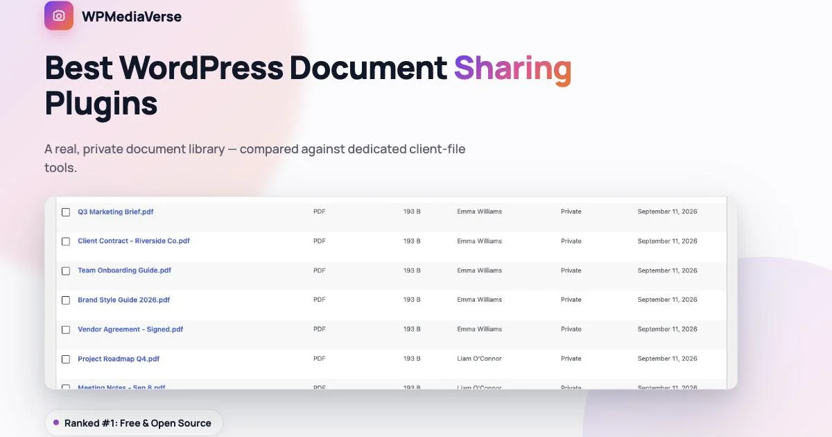 Best WordPress document sharing plugin comparison for teams and agencies, featuring the WPMediaVerse admin document library