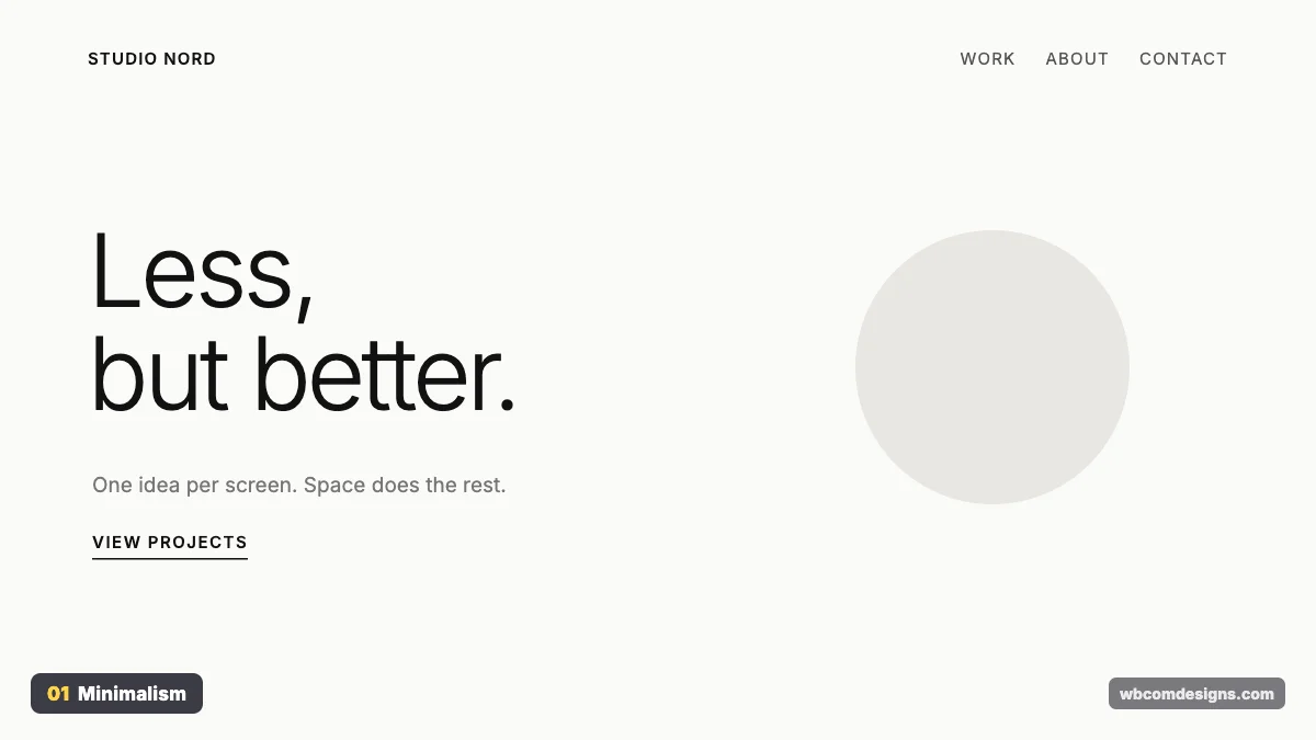 Minimalism design style example shown as a website hero section