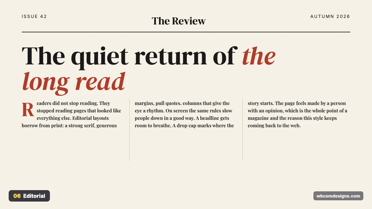Editorial design style example shown as a website hero section