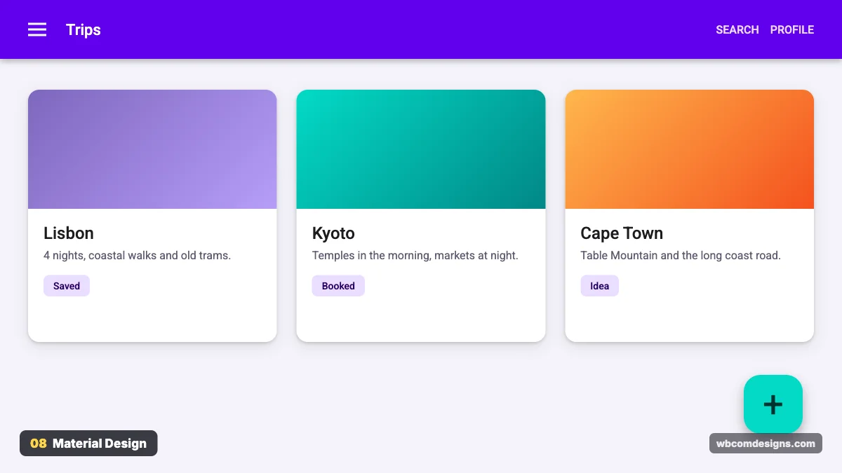 Material Design design style example shown as a website hero section