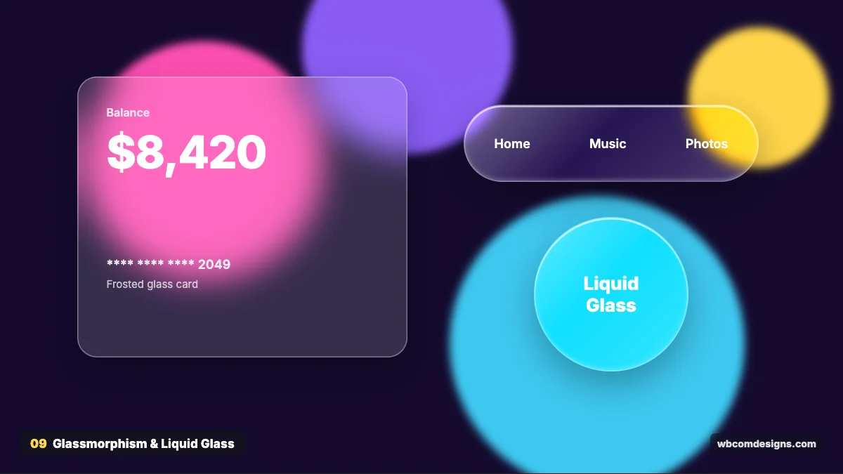 Glassmorphism and Liquid Glass design style example shown as a website hero section