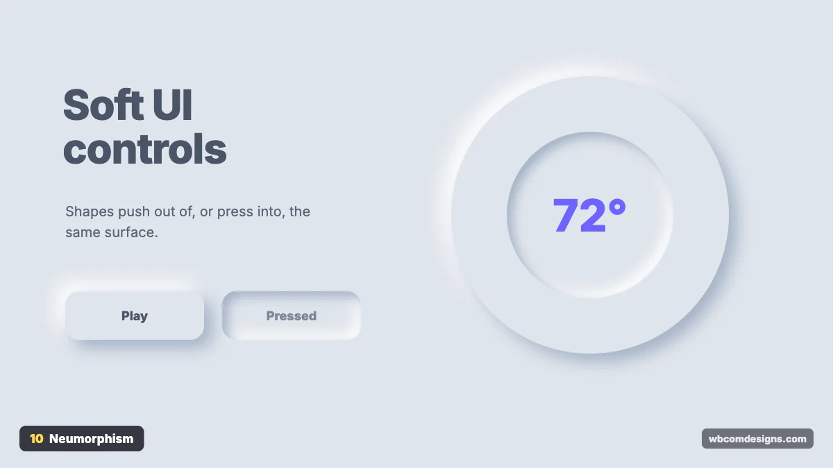 Neumorphism design style example shown as a website hero section