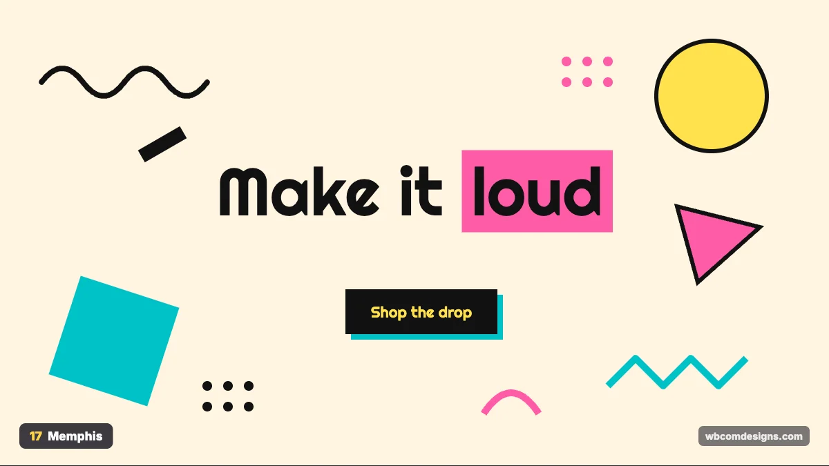 Memphis design style example shown as a website hero section