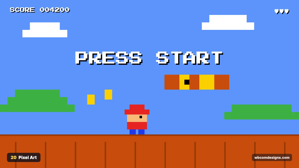 Pixel art design style example shown as a website hero section