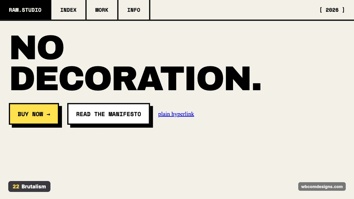 Brutalism design style example shown as a website hero section