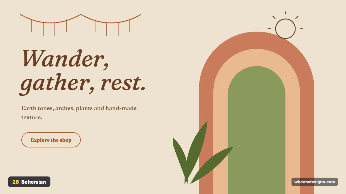 Bohemian design style example shown as a website hero section