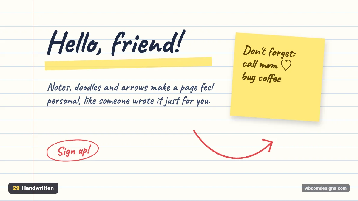 Handwritten design style example shown as a website hero section