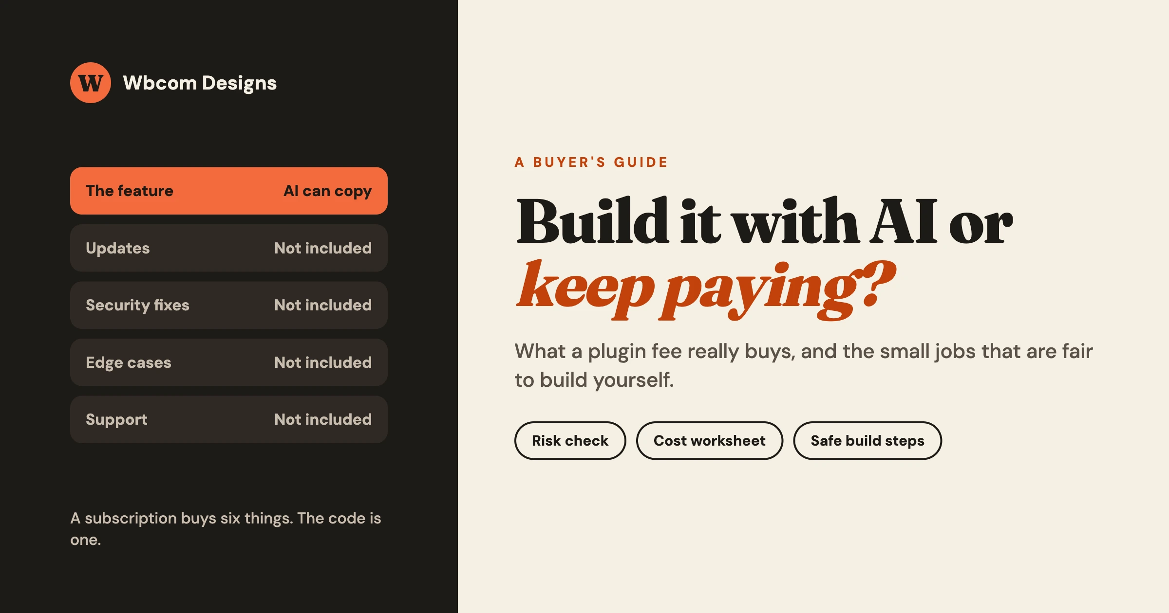 Build it with AI or keep paying: a plugin subscription buys the feature plus updates, security fixes, edge cases and support, and AI can copy only the feature
