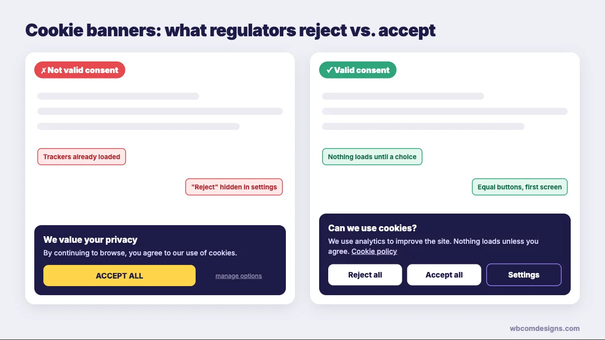 An invalid cookie banner with only Accept all next to a valid one with equal Reject all and Accept all buttons